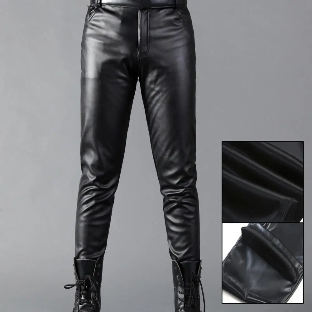 Black High-waisted Leather Pants Men's Fashion Rock Style Slim Fit Pants Soft Breathable Mid Waist Trousers for Motocycle