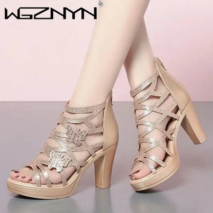 Woman Sandals Women Cyrstal Comfortable Pumps Ladies Fashion High Heels Female Rome Bling Hollow Out Shoes Women's Zip Footwear