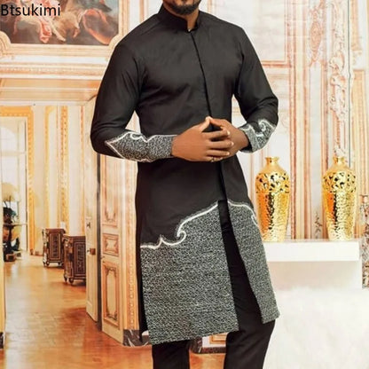 Man Sets Outfit Wedding Africa Beaded Long-sleeved Top Pants Kaftan Traditional Clothing Costoumes Ethnic Casual Men's 2Pcs Suit