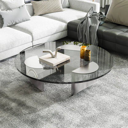 Round Glass Coffee Table Wedge Table Modern Coffee Table with Tempered Glass Top End Table Heavy Duty Steel Legs for Living Room