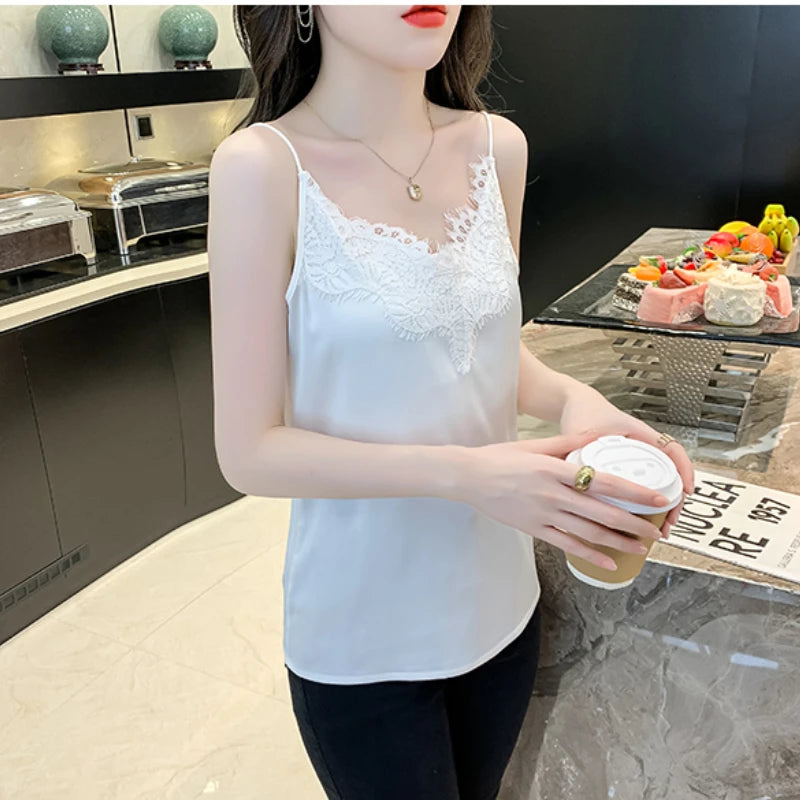 Summer Korean Fashion Silk Women Camis Streetwear Satin Sexy Tops Lace Sleeveless White Female Tank Tops Blouse OL Woman Clothes