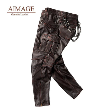 Vintage Men Cowhide Leather Pants Multi Pockets Pantalones De Cuero Moto Ride Pantalon Cuir Travel Windproof Latex Homme PY416