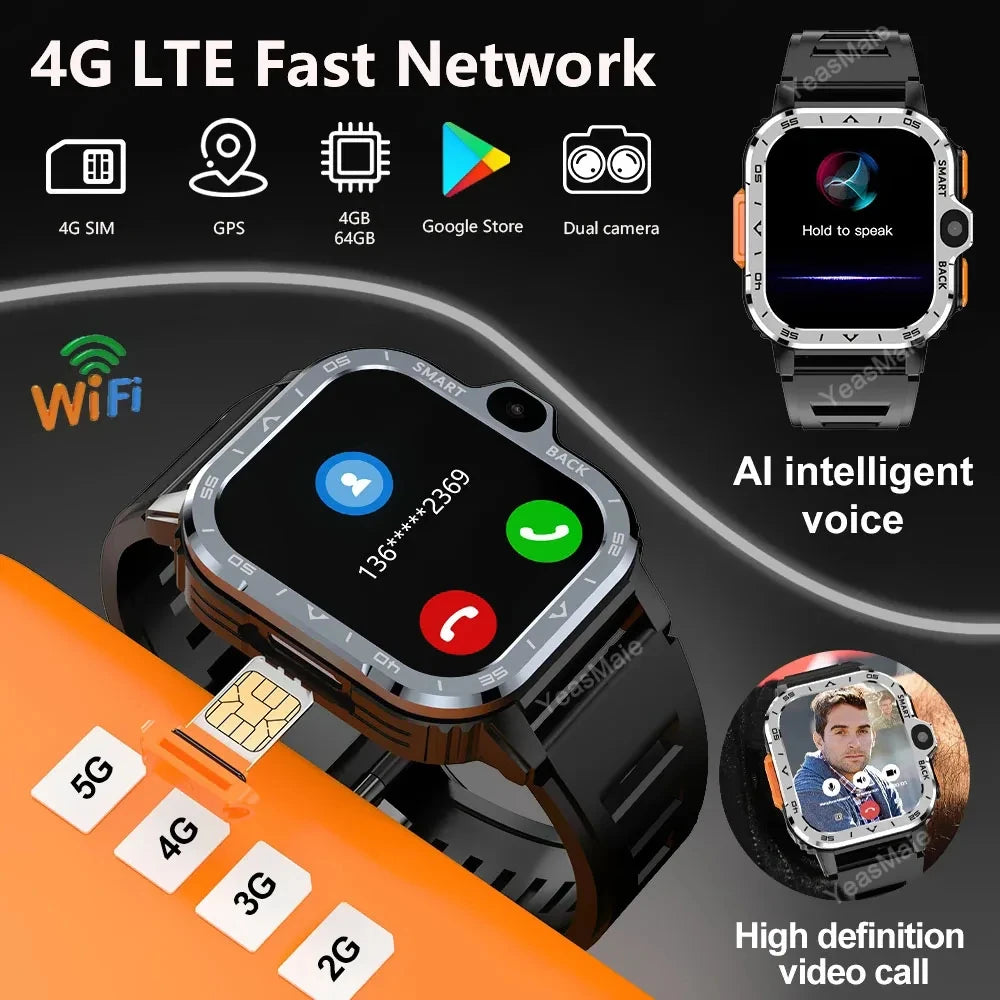 PGD SmartWatch 4G LTE GPS Wifi SIM Card NFC Dual Camera Rugged 16/64G ROM Storage Google Play Heart Rate Android Smart Watch Men