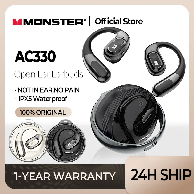 Monster AC330 Bluetooth 5.4 Wireless Earphones with Mic Waterproof IPX5 Long Battery Life 8H Playtime Noise Reduction Earbuds