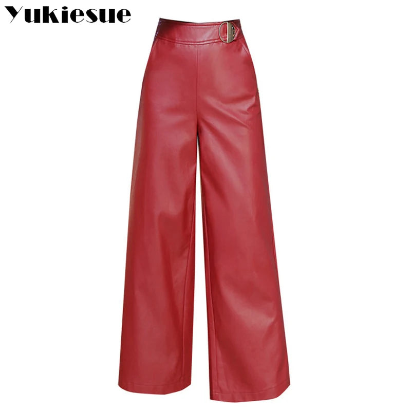 Wide leg pants capirs women 2022 winter warm PU leather pants female trousers OL office formal casual pants woman clothes