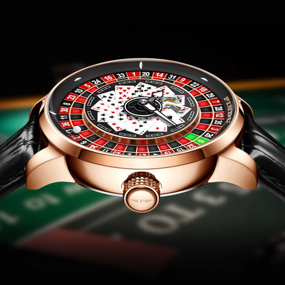 PINDU Design New Mechanical Watch NH35 Poker Rotating Dial Las Vegas Roulette Table Theme Automatic Watch Men's Luminous Hands