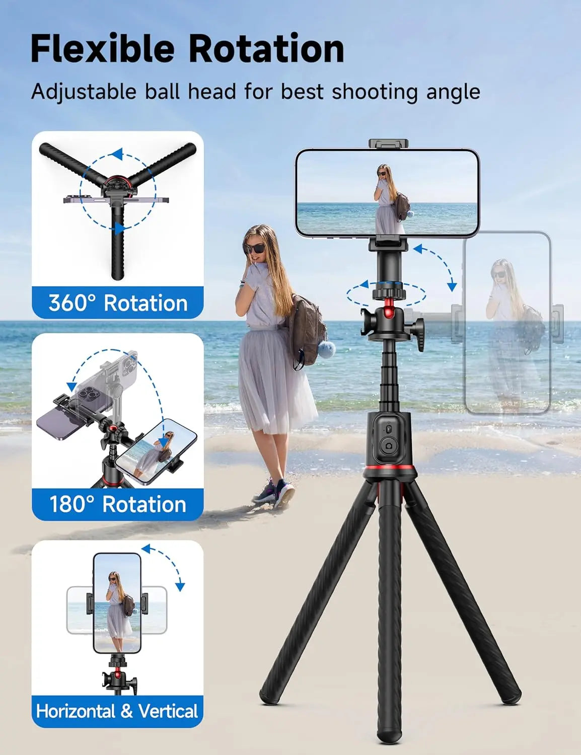 Selfieshow Flexible 360 Ball Head Portable Travel Tripod Cell Phone Stand Clip Selfie Stick Tripe for Live Streaming Vlogging