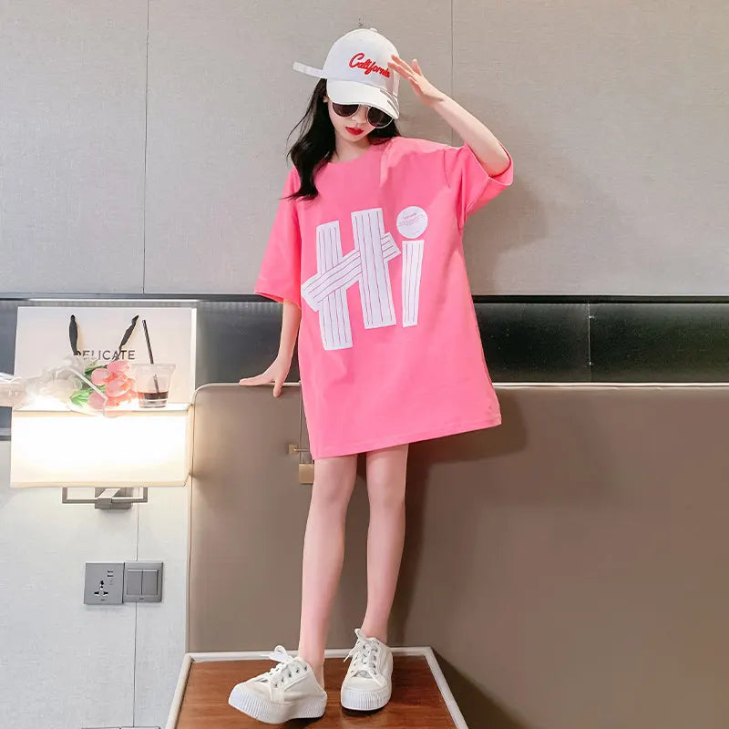 10 12 14 Years Girls Long Tops Short Sleeve Letter Print T-shirt Fashion Casual Teenager Clothing Summer Hot Sales Tees Clothes