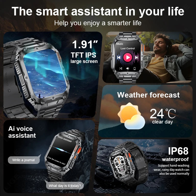 LIGE 1.91 inch HD Screen Smart Watch With Led Lighting IP68 Waterproof Outdoor Sports Health Monitor Smartwatch For Android IOS