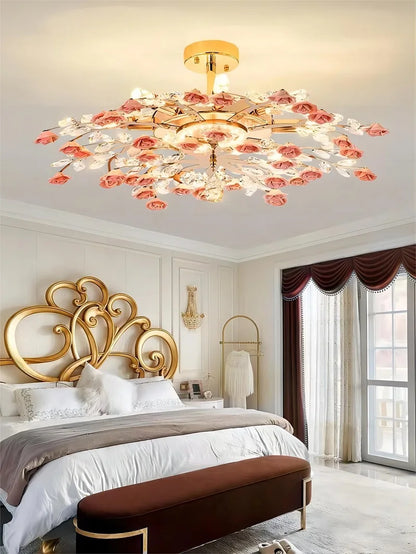 Modern American Luxury Ceramic Flower Crystal Ceiling Light Nordic  Living Room Dining Room Bedroom LED Ceiling Lamp