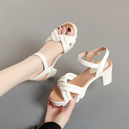 2024 Women Pumps Fashion Open Toe Thick High Heels 6.5/ 8.5cm Sandals Summer Shoes Woman Solid Gladiator Sandals Thick Sole