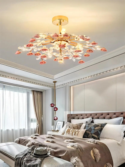 Modern American Luxury Ceramic Flower Crystal Ceiling Light Nordic  Living Room Dining Room Bedroom LED Ceiling Lamp