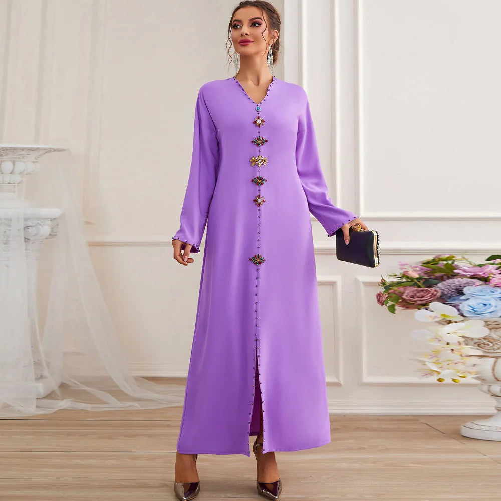 Luxury Rhinestone Women Long Dress Islamic Abaya Moroccan Caftan Arab Jalabiya Middle East Muslim Maxi Robe Ramadan Eid Mubarak