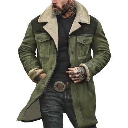 Men Jacket Large Plush Lapel Long Sleeve Vintage Suede Jacket with Pockets Zipper Up Mid-length Motorcycle Coat