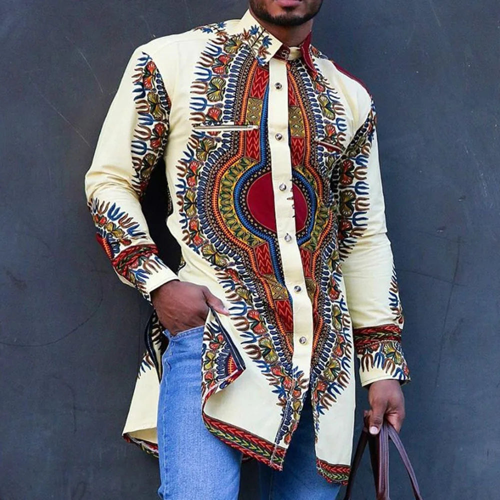 Dashiki African Men's Clothing Ethnic Print Plus Size Tops Wedding Wear Classic Men's Long Sleeve Shirts Traditional Casual Tee