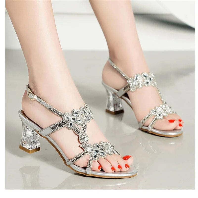 Summer New Style Rhinestone High Heel Sandals Women's Open Toe Fashion Elegant Beach Shoes Roman Diamond-encrusted Shoes