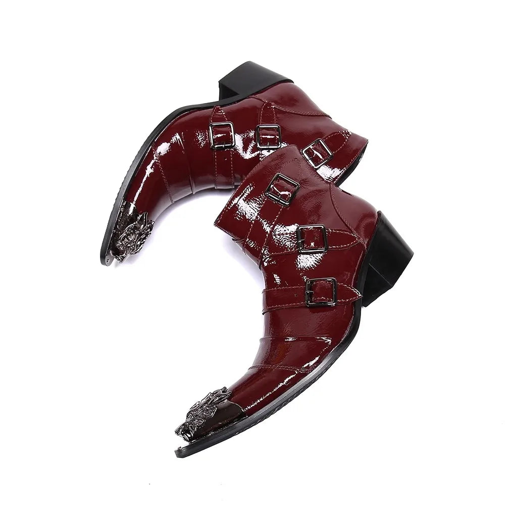 Fashion Design Metal Dragon Pointed Toe Boots for Men Chunky Heel Belt Buckle Western Cowboys Mid-Calf Boots Male Leisure Shoes