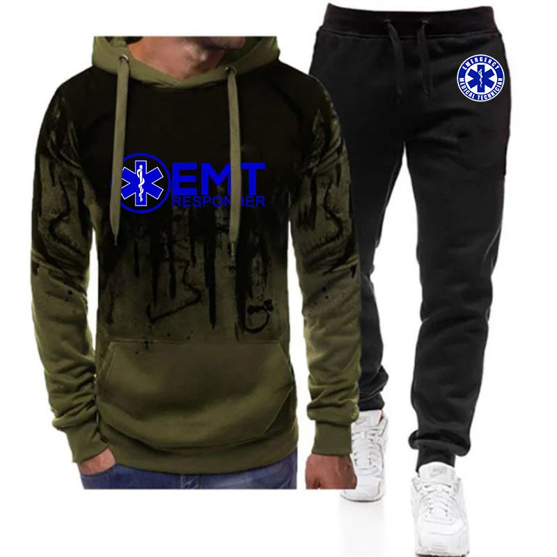 2024 EMT Emergency Ambulance Men New Pullover Hooded Hoodie Tracksuit+Pants Sweatpant Casual Print Harajuku Gradient Color Suits