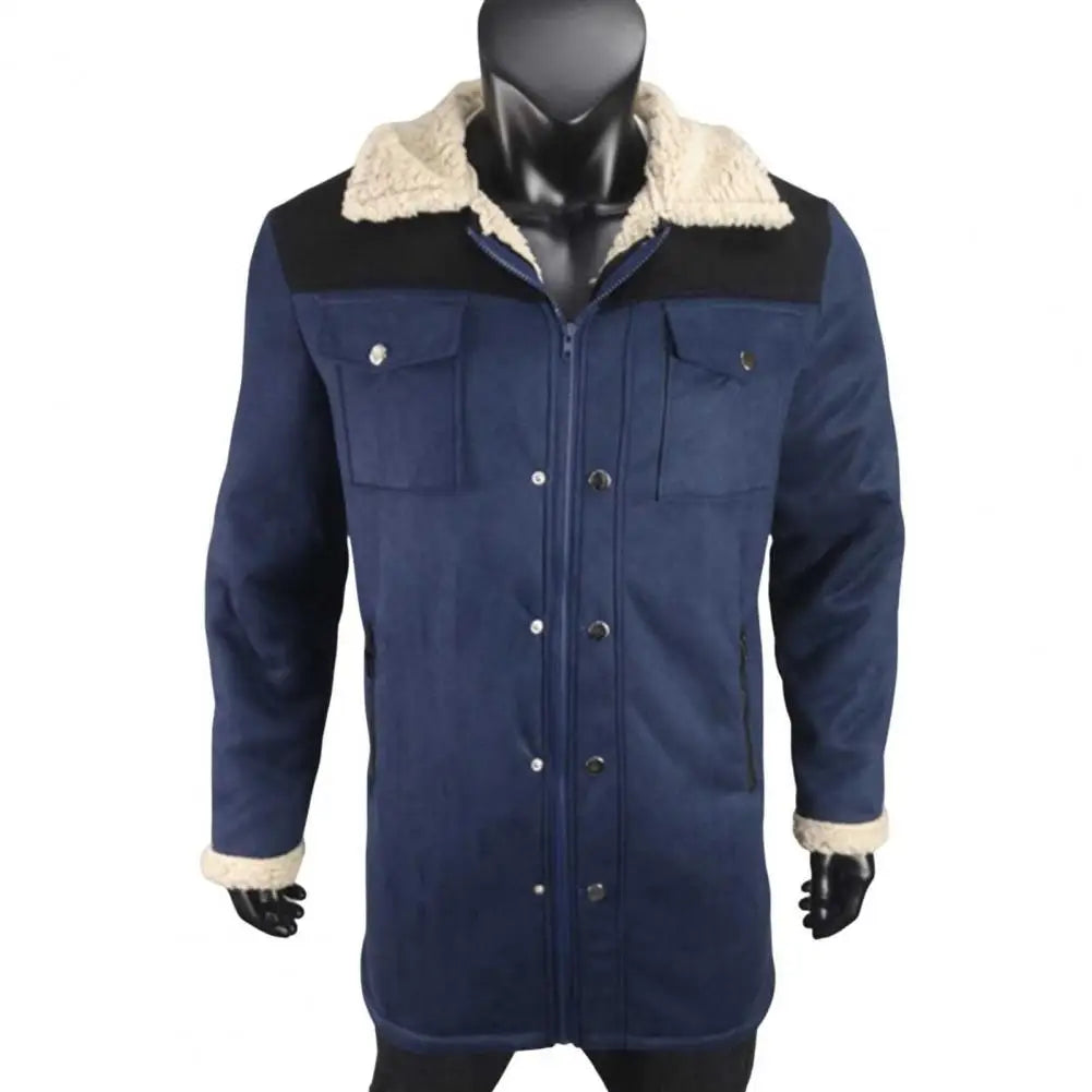 Men Jacket Large Plush Lapel Long Sleeve Vintage Suede Jacket with Pockets Zipper Up Mid-length Motorcycle Coat