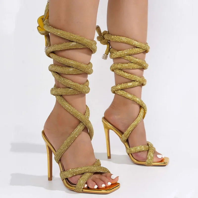 Luxury Rhinestones Women Sandals Sexy Ankle Strap Cross-tied Thin High Heeled Gladiator Sandals Fashion Summer Party Prom Shoes