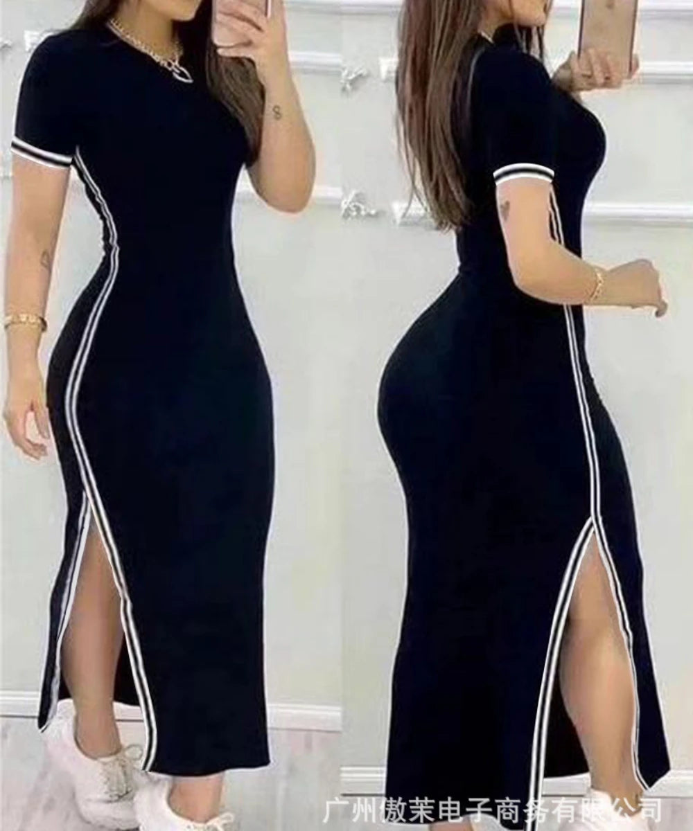 Women Sport Solid Dress Short Sleeved Round Neck Side Split Long Dresses Slim Fit High Waist Casual Ladies 2023 Autumn