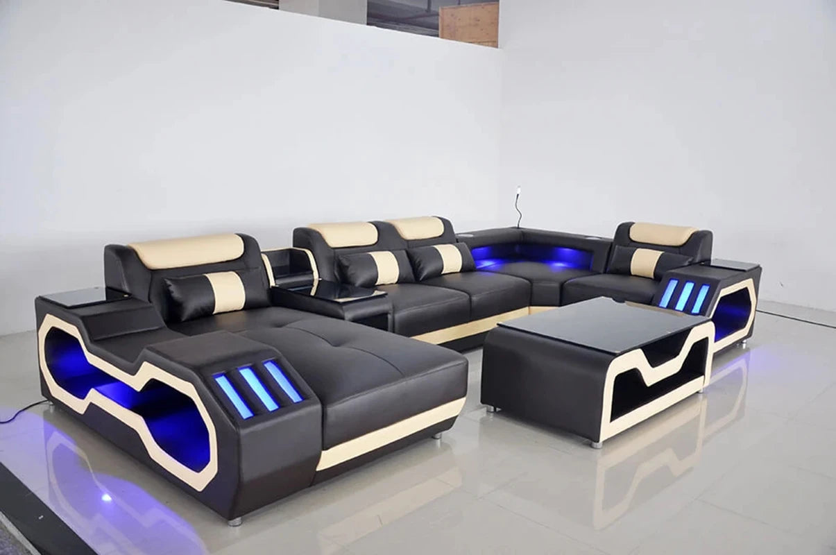 High quality modern style living room leather sofa U-shaped corner sofa design LED lighting cx001 couches for living room