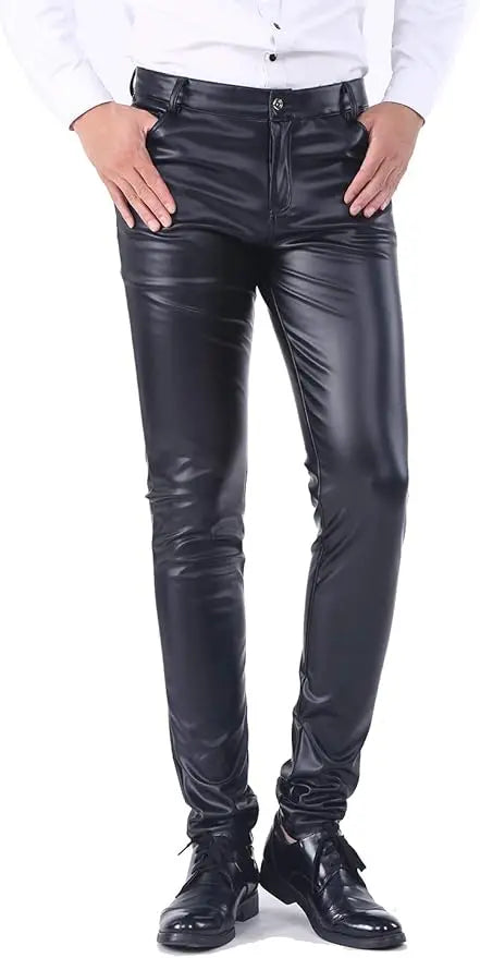 Men`s Business Slim Fit Five Pockets Faux Leather Pants Jeans