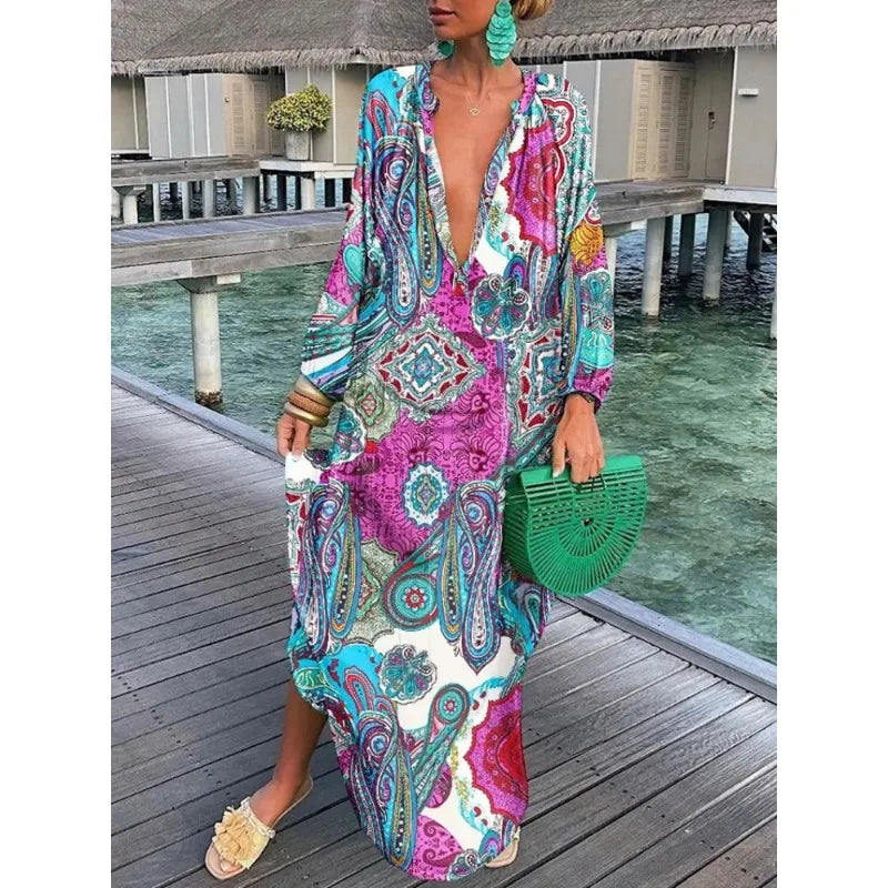 Women Deep V-Neck Dress 2023 Summer Vintage Elegant Long Sleeve Boho Print Long Dresses Female Sexy Beach Party Loose Maxi Dress