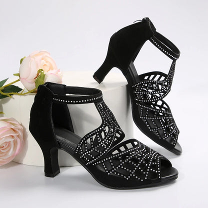 2024 Summer Roman Women Shoes Fashion Stiletto Rhinestone Hollow Fish Closed Toe Sexy Dance Shoes Plus Size 43 Ladies Sandals