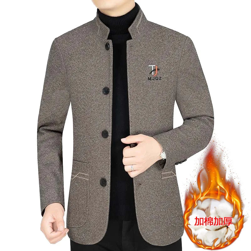 New Winter Men Fleece Warm Blazers Jackets Cashmere Woollen Suits Coats Stand-up Collar Business Casual Trench Coats Jackets 4XL