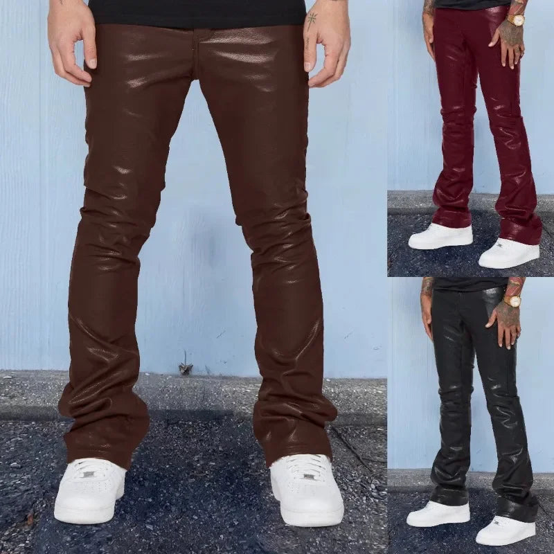 Men's PU Leather Trend Printed Mid-waist Loose Casual Pants Men's Large Size Straight Leg Pants