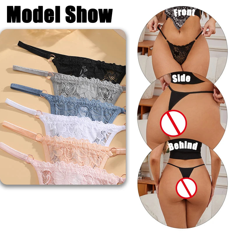 3Pcs Lace Low Waisted G-String For Women American Lace Lady Sexy Cotton T-back Breathable Thong Thin Strap Metal Buckle Thong